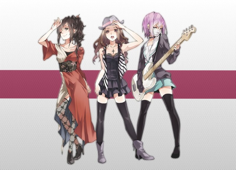 Three anime girls in band outfits