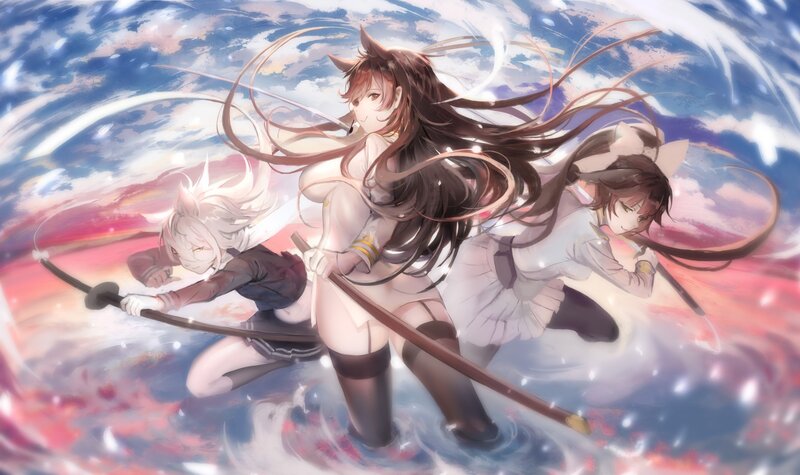 Three Anime Girls in Battle — Blue, Dramatic, Sunset