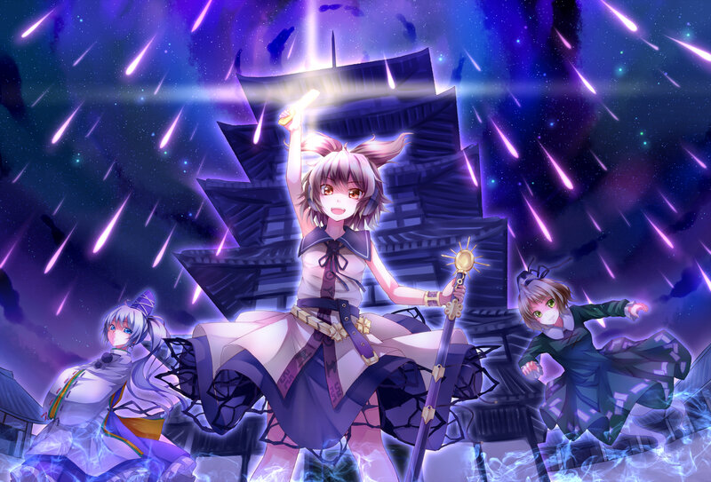 Three Anime Girls in Battle — Purple, Dramatic, Night