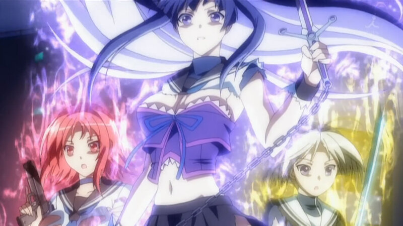 Three Anime Girls in Battle — Purple, Dramatic