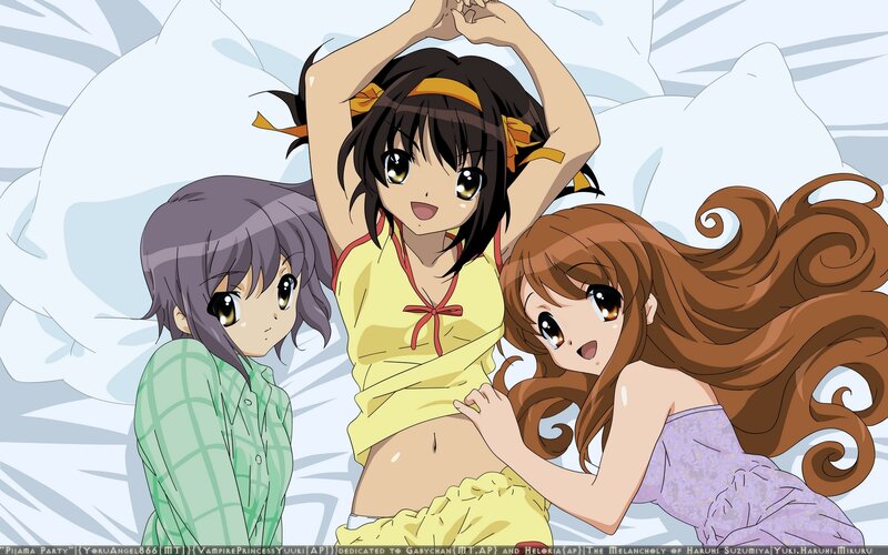 Three Anime Girls in Bed — White