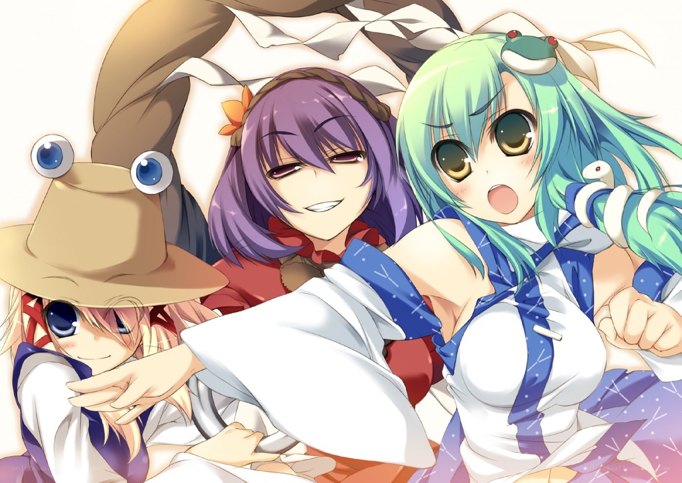 three anime girls in bed