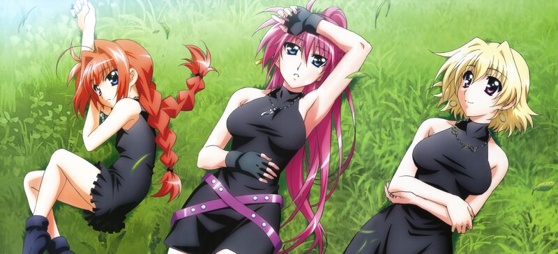 Three anime girls in black outfits