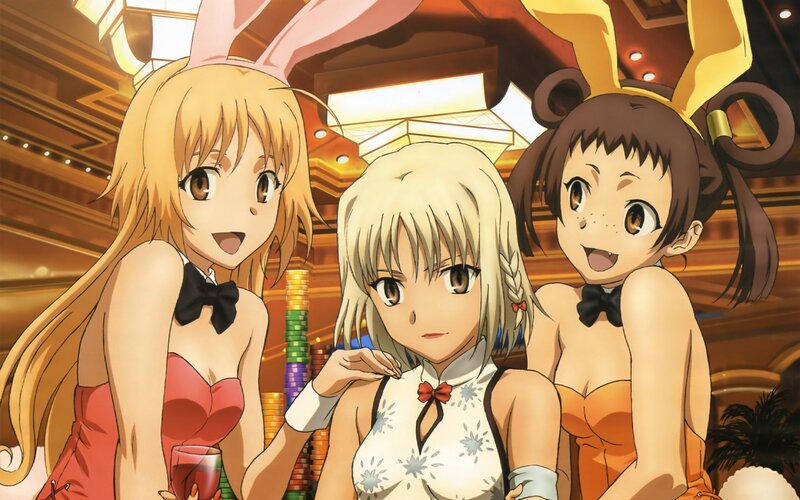 Three anime girls in bunny costumes