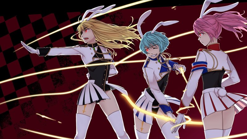 Three anime girls in bunny costumes