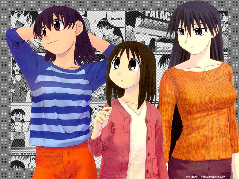 Three anime girls in casual clothes