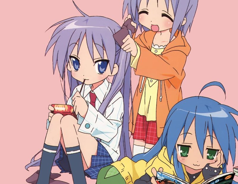 Three anime girls in casual scene