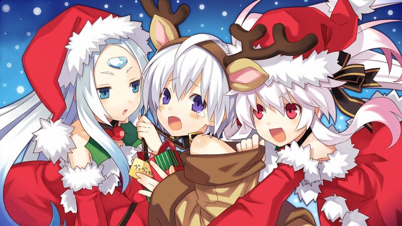 Three anime girls in Christmas outfits