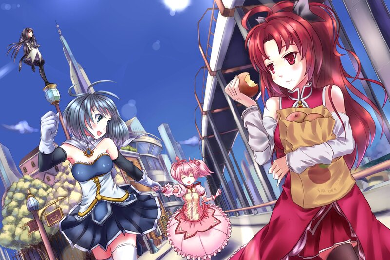 Three Anime Girls in City — Red