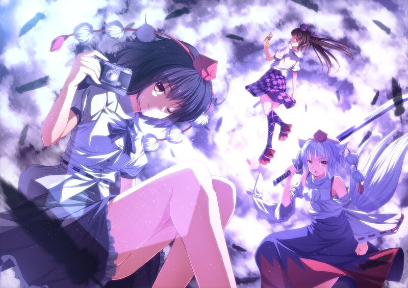 Three Anime Girls in Clouds