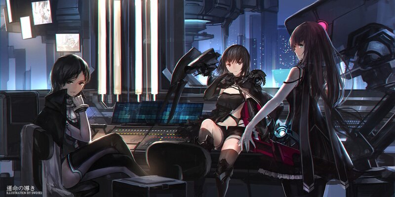 Three Anime Girls in Cockpit — Black