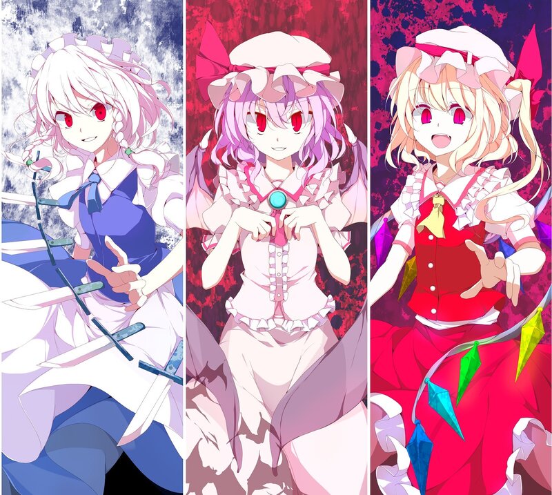 Three anime girls in colorful dresses