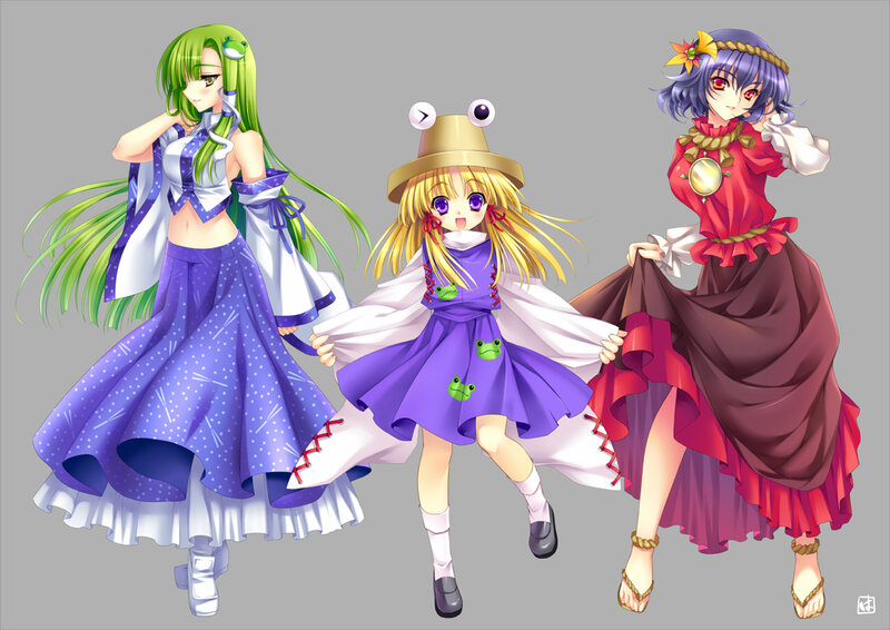 three anime girls in colorful outfits