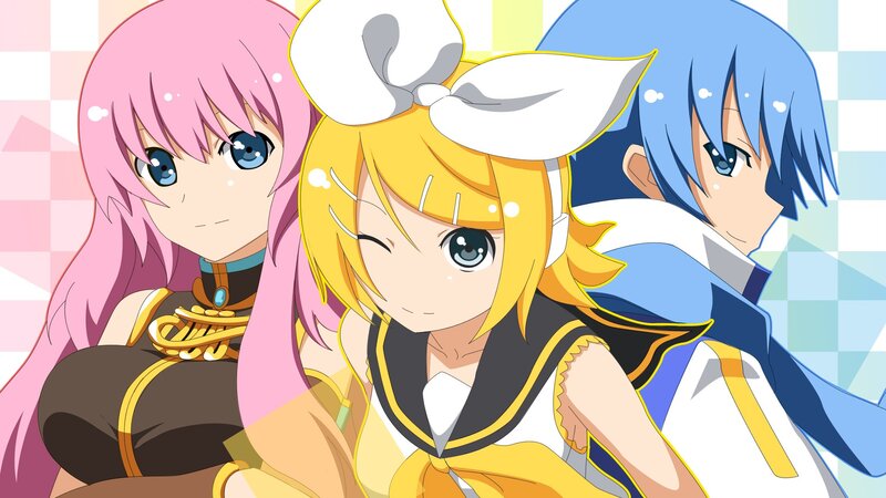 Three anime girls in colorful outfits