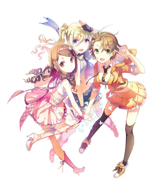 three anime girls in colorful outfits