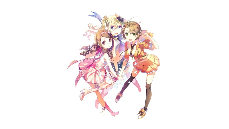 three anime girls in colorful outfits