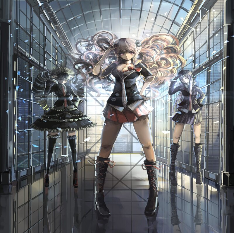 Three Anime Girls in Corridor