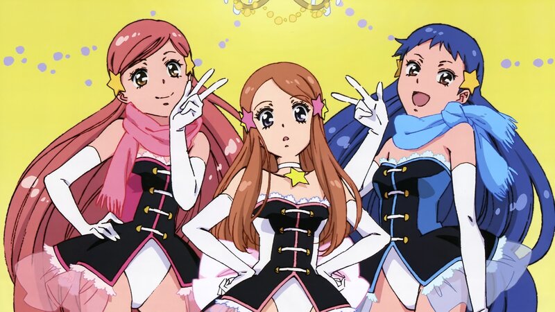 three anime girls in costumes