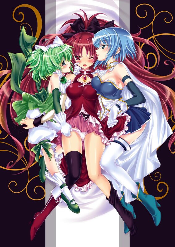 Three anime girls in costumes