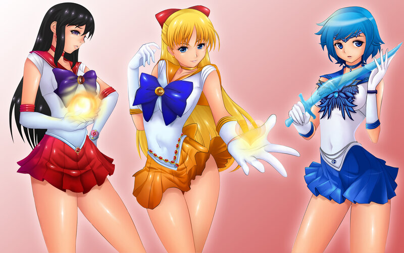 Three Anime Girls in Costumes — Pink, Dramatic, Digital Art