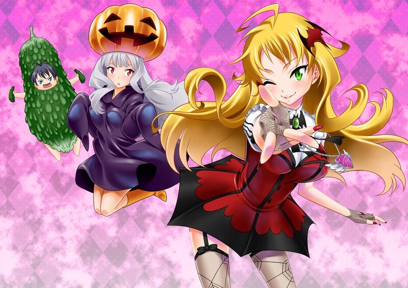 Three Anime Girls in Costumes — Pink, Playful, Pumpkin Hat