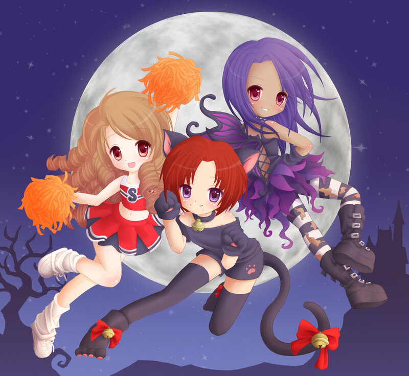 Three Anime Girls in Costumes — Purple, Playful