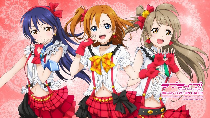 Three Anime Girls in Costumes — Red, Cheerful