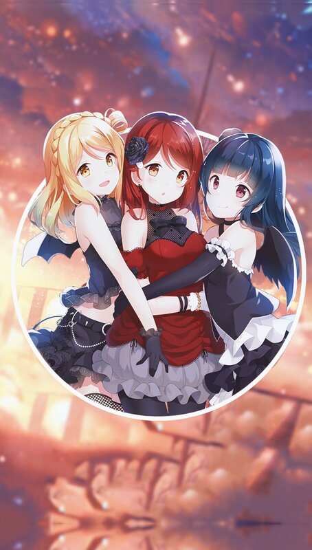 Three Anime Girls in Costumes — Red, Dramatic