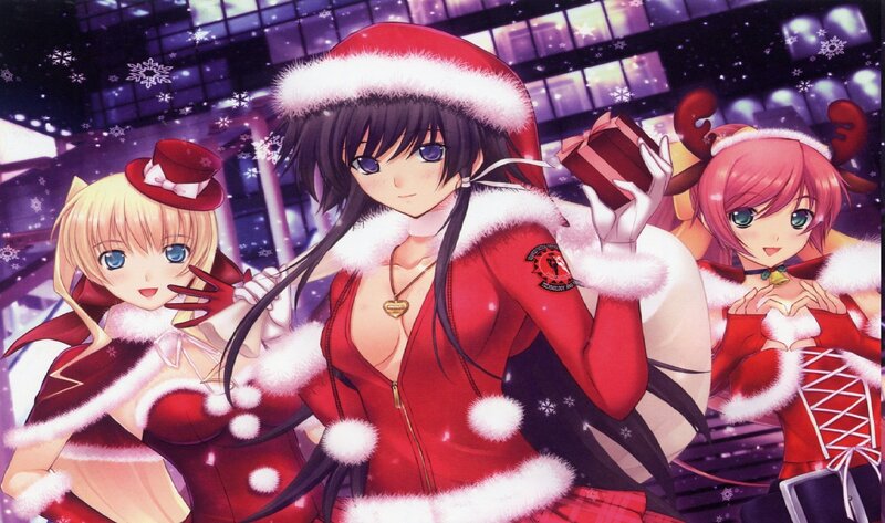 Three Anime Girls in Costumes — Red, Festive