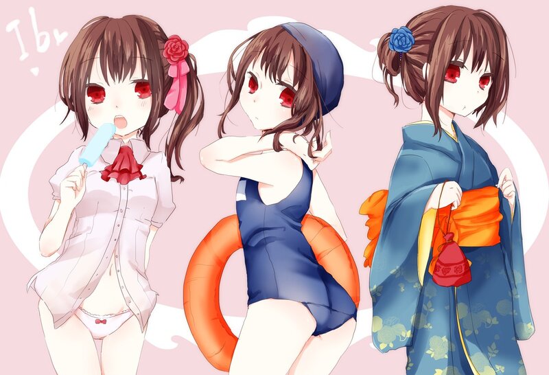Three anime girls in different outfits