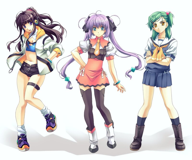 Three anime girls in different outfits