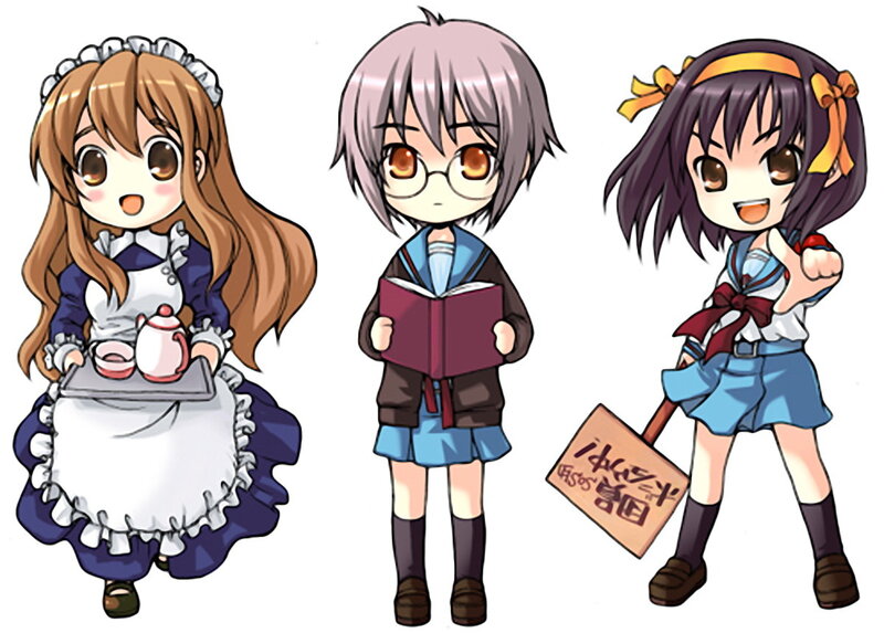 Three anime girls in different outfits
