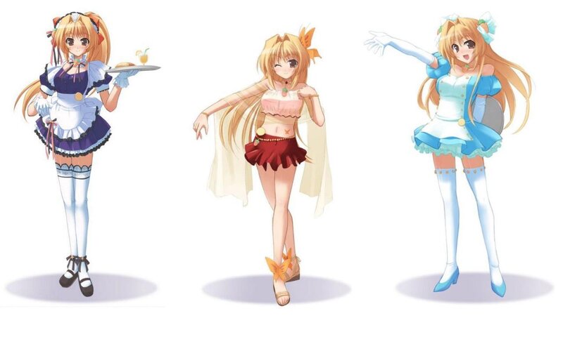 three anime girls in different outfits