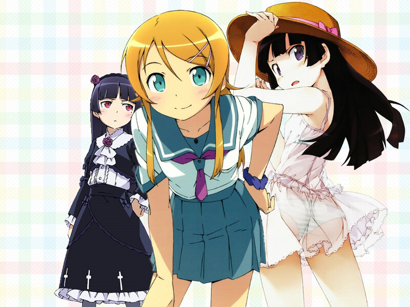 Three anime girls in different outfits