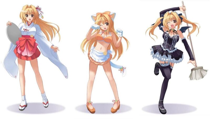 Three anime girls in different outfits