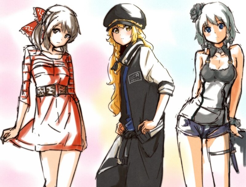 Three anime girls in different outfits
