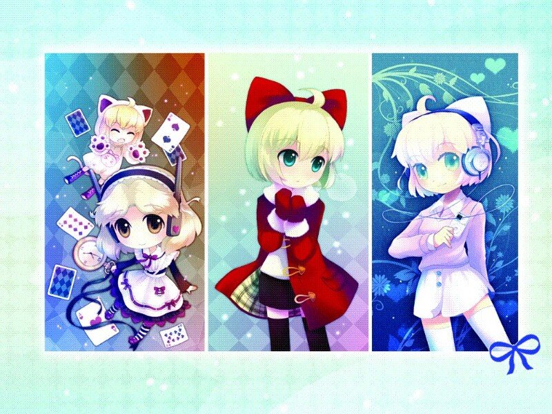 Three anime girls in different outfits