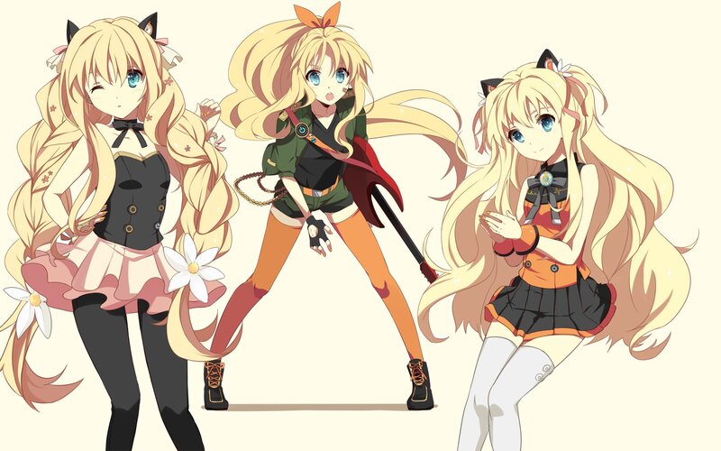 Three anime girls in different outfits
