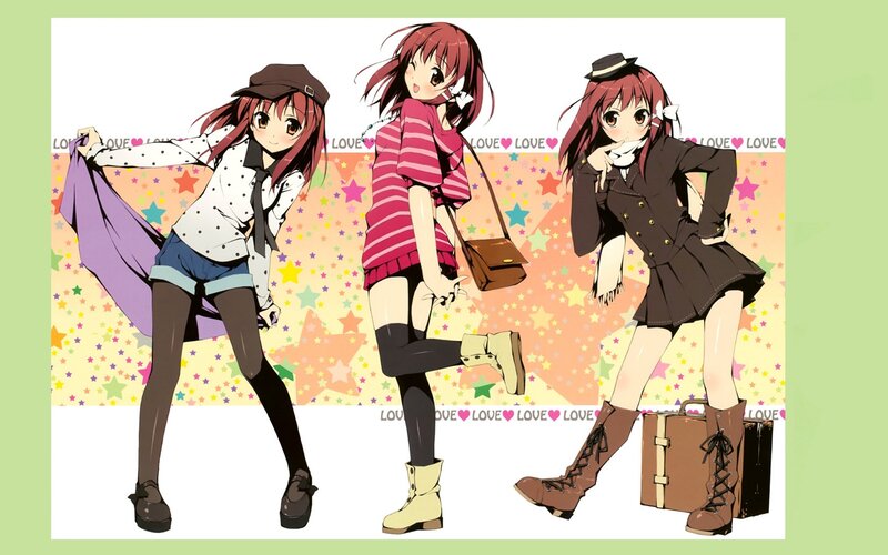 Three anime girls in different outfits