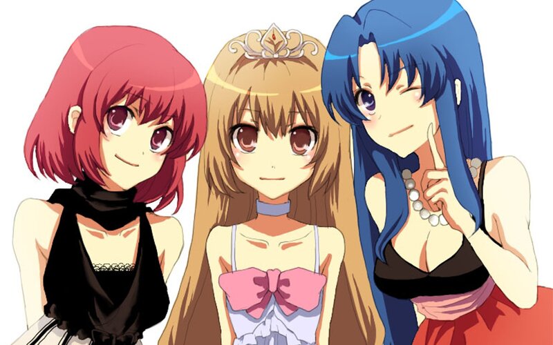 three anime girls in dresses
