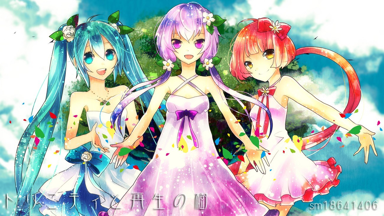 Three anime girls in dresses