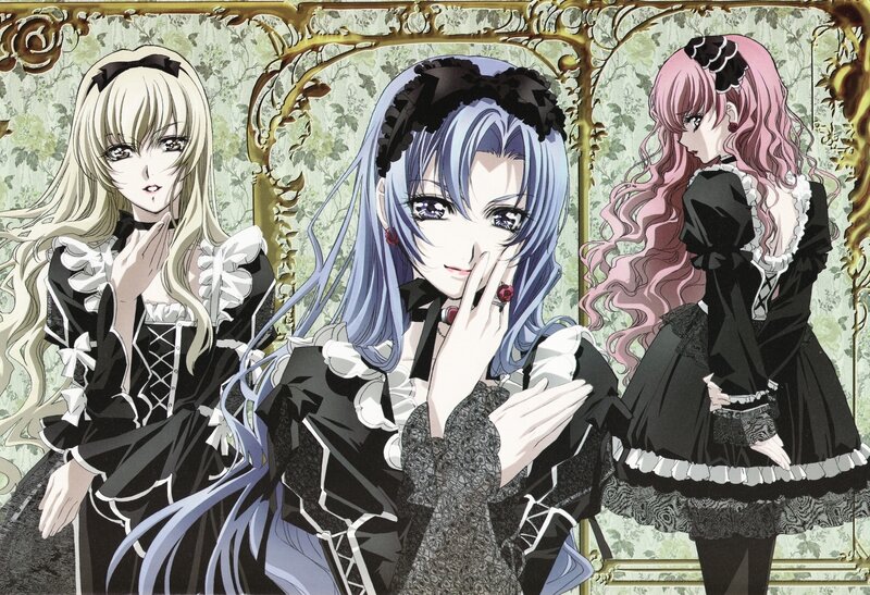 Three Anime Girls in Dresses — Black, Dramatic, Hair