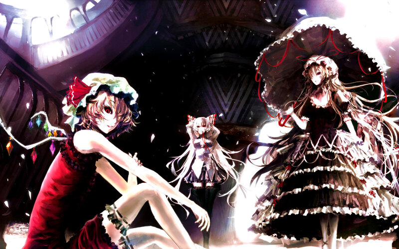 Three Anime Girls in Dresses — Black, Dramatic, Night