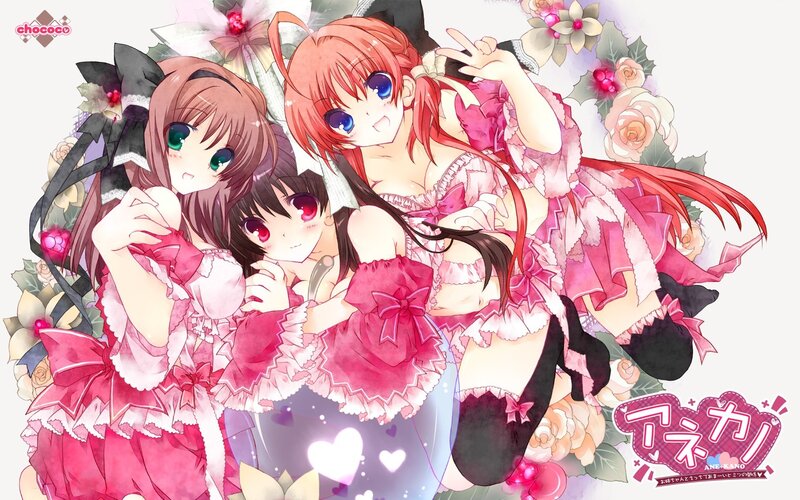 Three Anime Girls in Dresses — Pink, Playful, Flowers