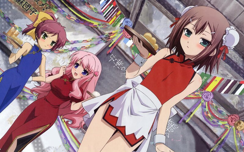 Three Anime Girls in Dresses — Red, Festive