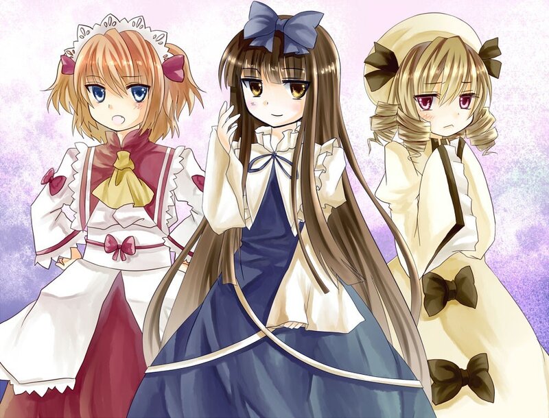 three anime girls in dresses