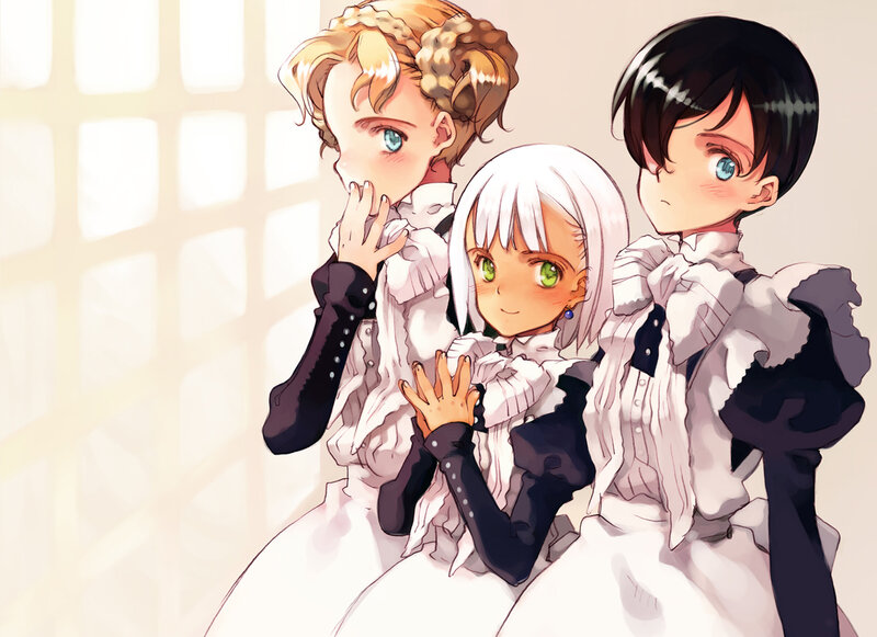 Three Anime Girls in Dresses — White, Calm
