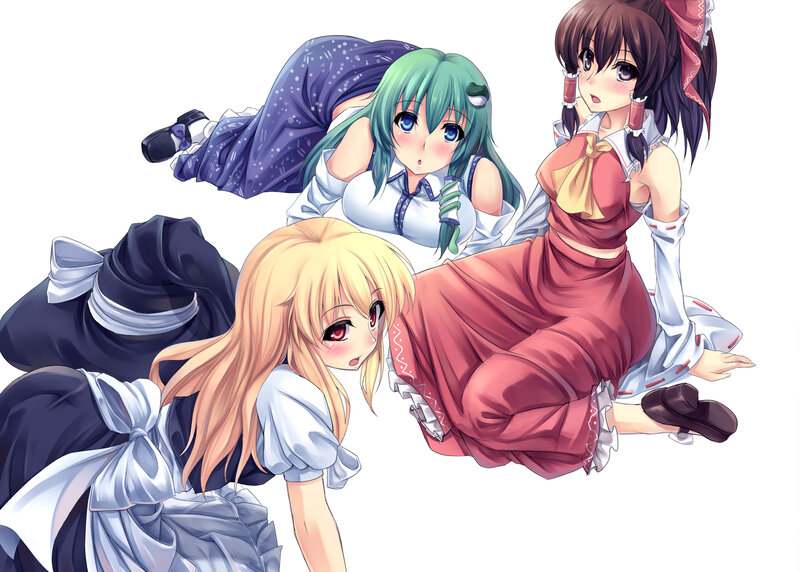 Three Anime Girls in Dresses — White, Playful