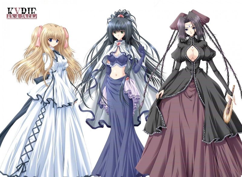 Three anime girls in elaborate dresses