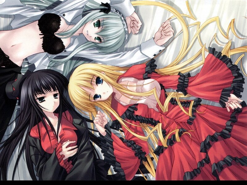 Three anime girls in elaborate dresses